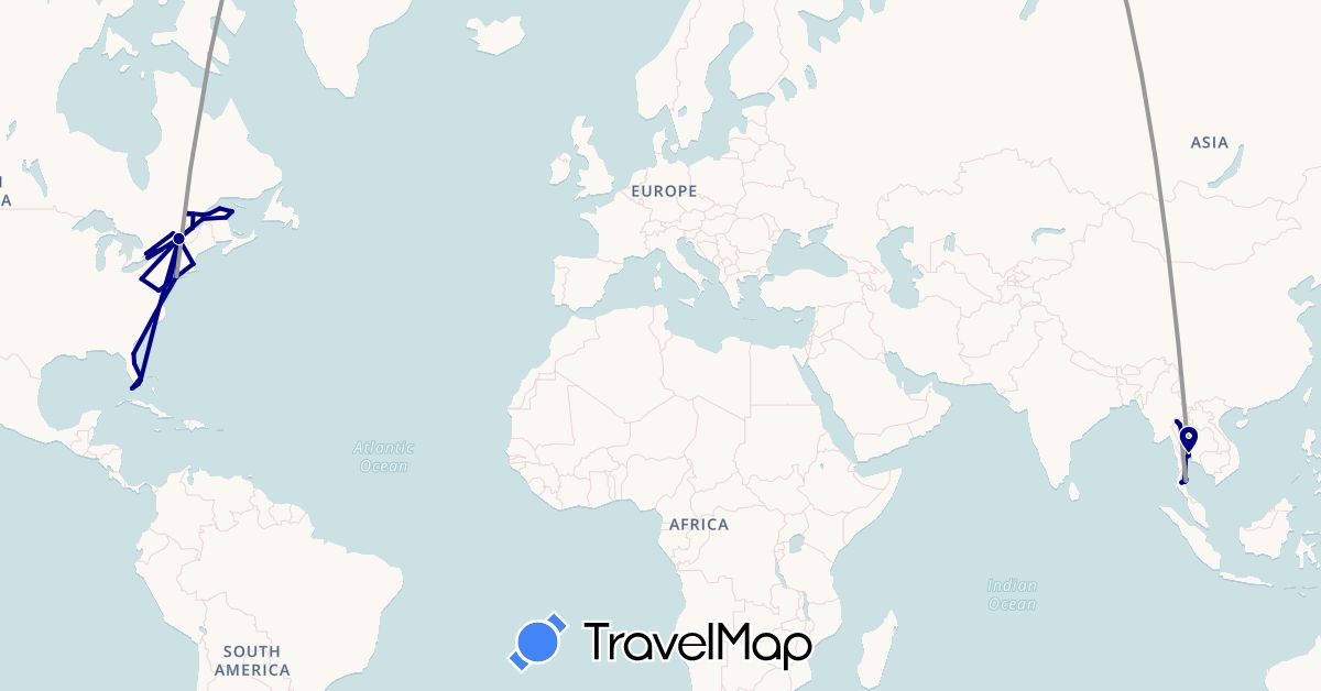 TravelMap itinerary: driving, plane in Canada, Thailand, United States (Asia, North America)